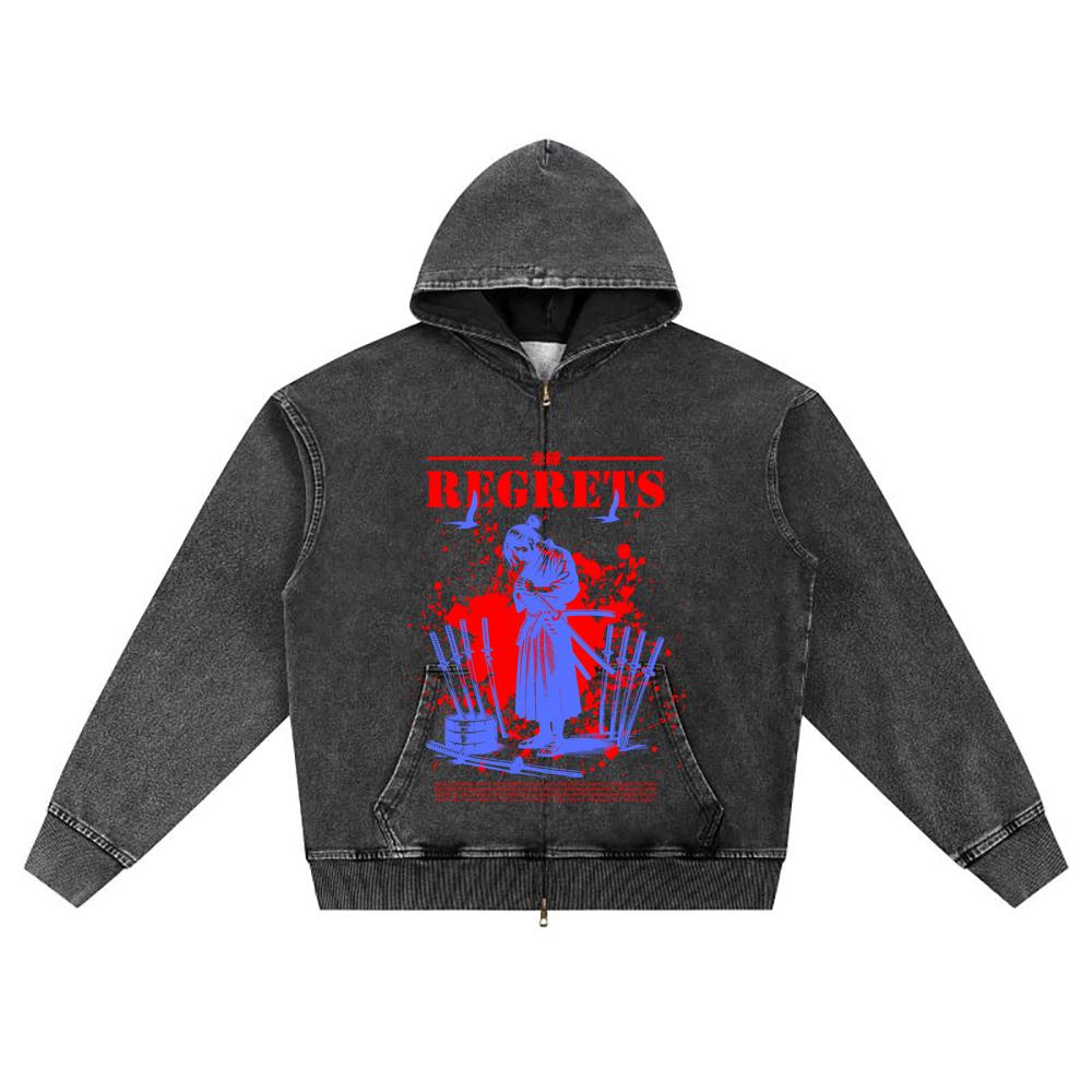 DTG print Knitted Denim Zip-Up Hoodie Japan Samurai Brother Print Zipper Hoodies  