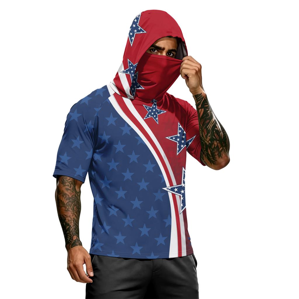 Men's Summer Independence Day Color Block Quick Dry Short Sleeve Tee, UPF 0+ UV Block Fishing & Sports Sun Hoodie