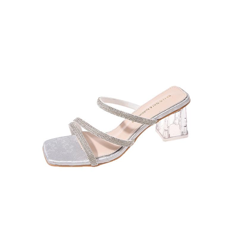 High-heeled rhinestone sandals girl 2025 spring new outer wear French transparent skirt crystal thick heel fairy slippers