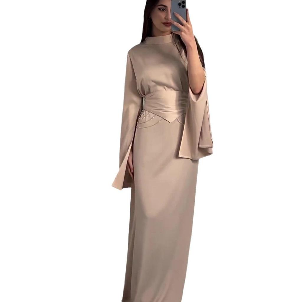 2024 Spring Semi-high Neck Satin Dress: European-American Court Style, Waist-Slimming, Long-Sleeved