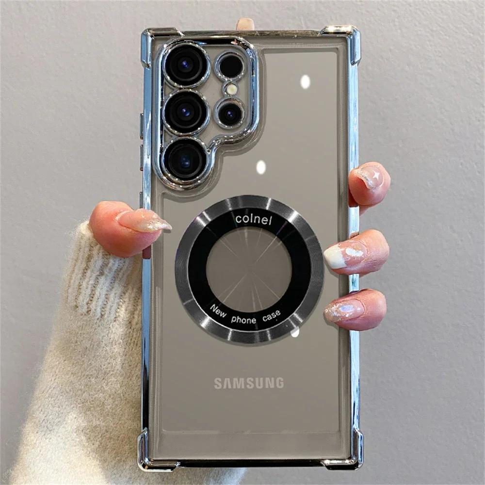 Luxusní pokovený magnetický průhledný kryt pro Samsung Galaxy S25 S24 Ultra S23 FE S22 Plus S21 Note 20 Nárazuvzdorný kryt s ochranou objektivu