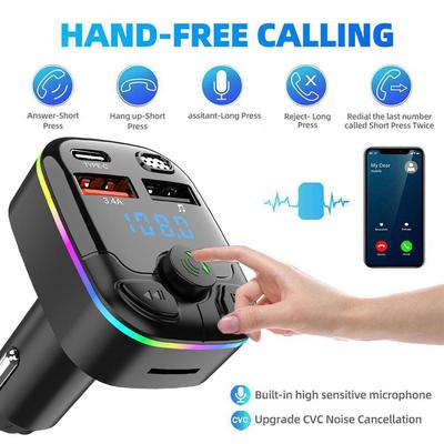 Car Bluetooth 5.0 FM Transmitter Dual USB 3.1A Fast Charging PD Type C Car Charger MP3 Player Handsfree Colorful Ambient Light