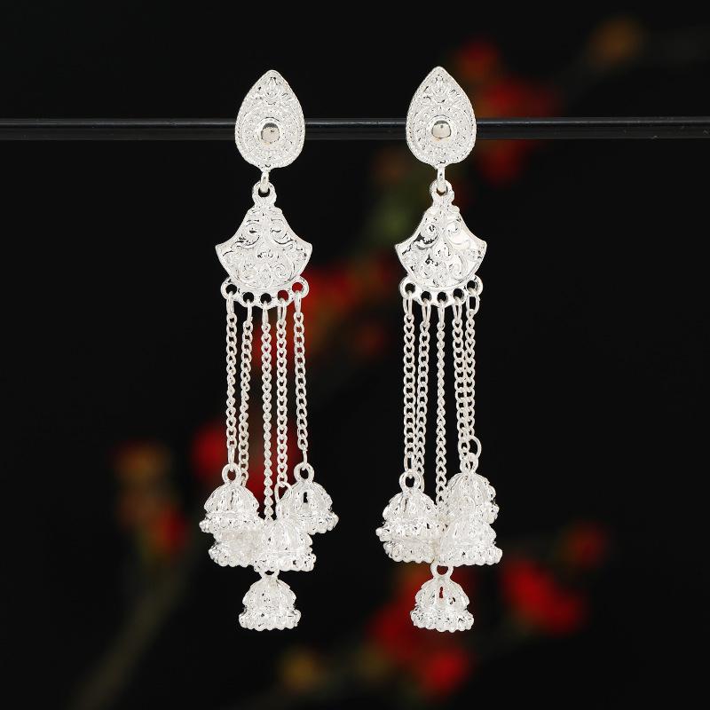 Retro ethnic style stud earrings, long birdcage bells, fringed earrings, bohemian temperament, personalized earrings, earrings for women