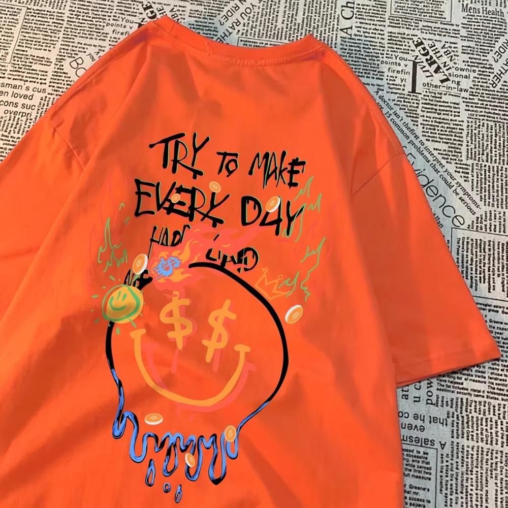 Try To Make Every Day Happy Tops Man Hip Hop Loose T Shirts Vintage Breathable Casual Wear Personality O-Neck Clothing Women