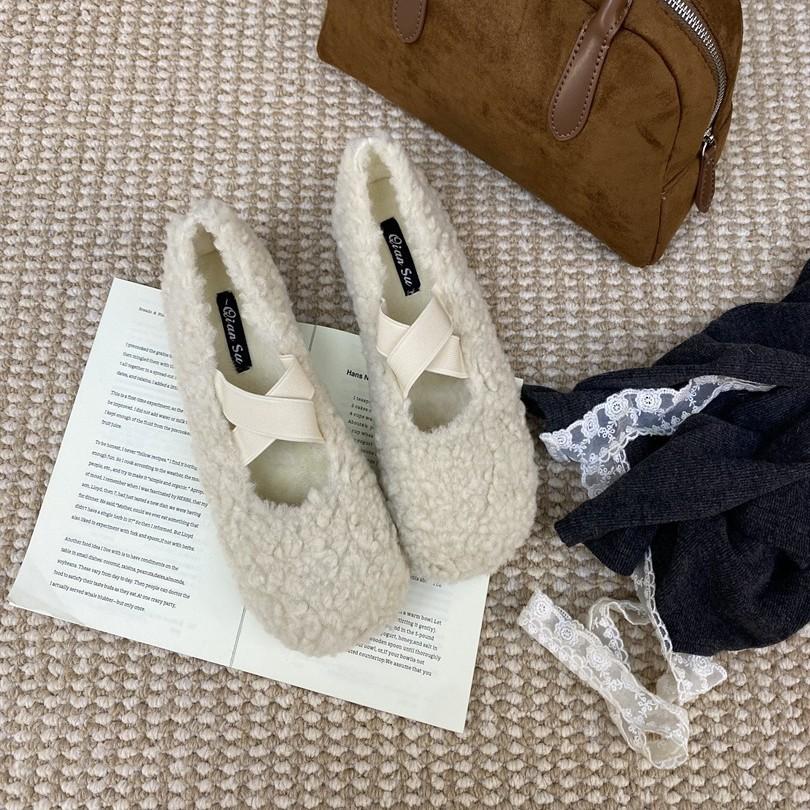 2025 new fluffy shoes round head ballet shoes fluffy warm autumn and winter new late evening wind flat single shoes women
