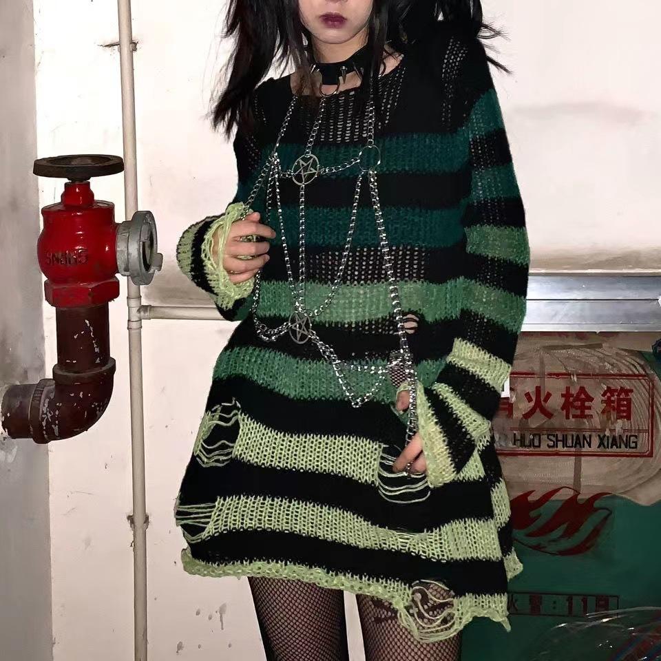 New Autumn Punk Gothic Long Unisex Sweater Women Striped Cool Hollow Out Hole Broken Jumper Loose Rock Thin Dark Streetwear Top