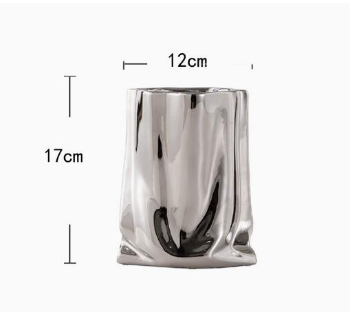 Silver Cloth Bag Ceramic Vase Folded Flower Pot Straight Tube Pleated Stacked Flowerpot Flower Vases Terrarium Home Decoration