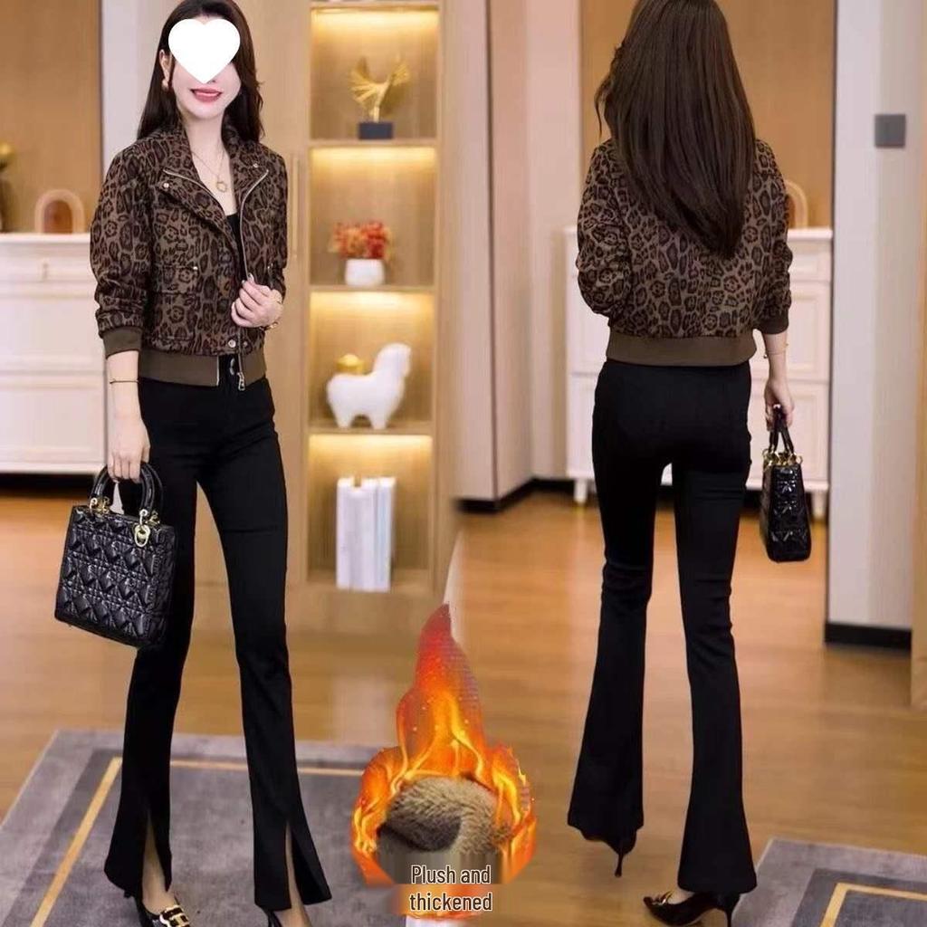 2025 Autumn/Winter Women's Leopard Print Slim Fit Casual Jacket with Plus Velvet