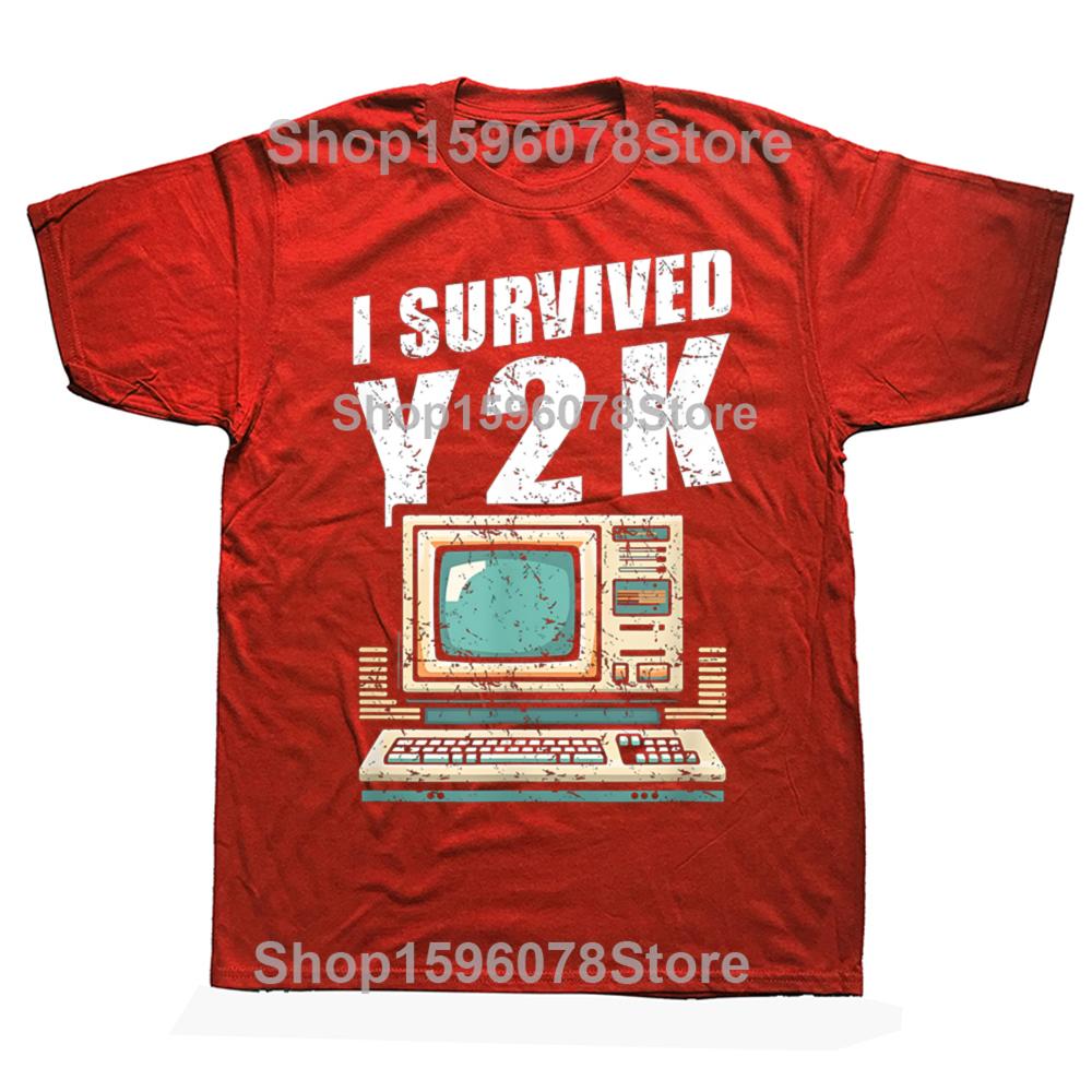 Funny Retro I Survived Y2K Computer Year 2000 Survivor 100 Cotton Tshirt Men Loose Oversized Streetwear Hip Hop Unisex T Shirt S
