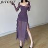 Autumn Women's Solid-Colour Slim-Fit High-Waisted Fashion Square-Neck Long-Sleeved Mesh Dress