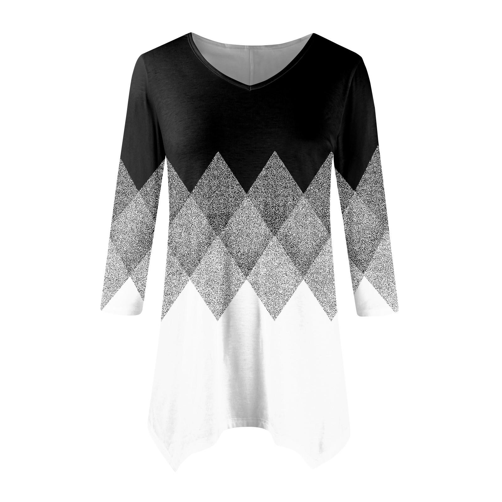 

Женская модная повседневная рубашка с V-образным вырезом, контрастным цветным принтом, рукавом-семью, свободным удобным топом с поясом XXXL