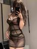 Sexy Sm Tight Nightdress Hot Mesh Transparent Bodycon Nightclub Wear Dress Women Solid Color Backless Sleeveless Mini Dress 8C0S