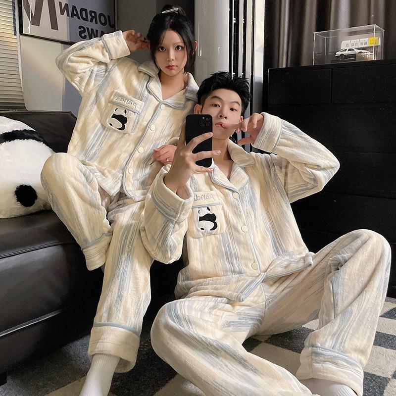 Coral Fleece Couple Pajamas Set Cartoon Lined Zip Sleepwear Men Women