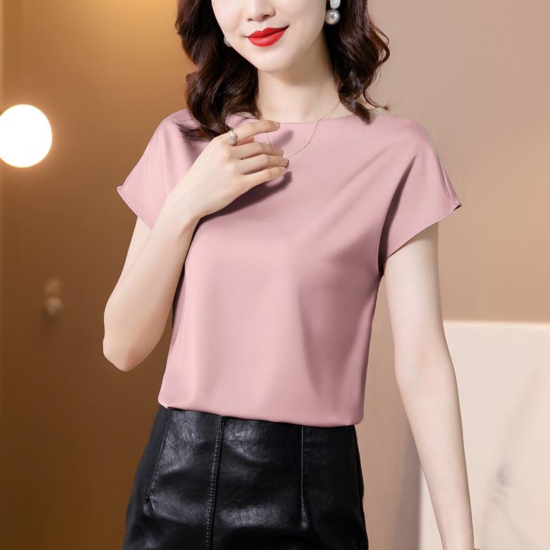 

Жіночий топ з ацетатного сатину з короткими рукавами «летюча миша» – простий і модний XL рожевий