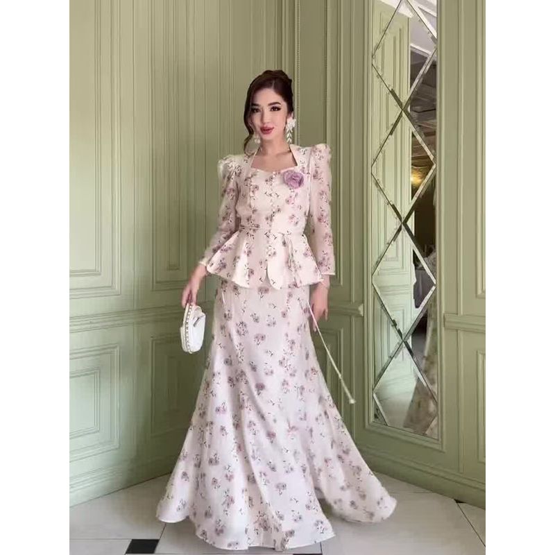 Western Style Floral Sweet Long Sleeve Top Skirt Sets Printed Shirt and Skirt Set