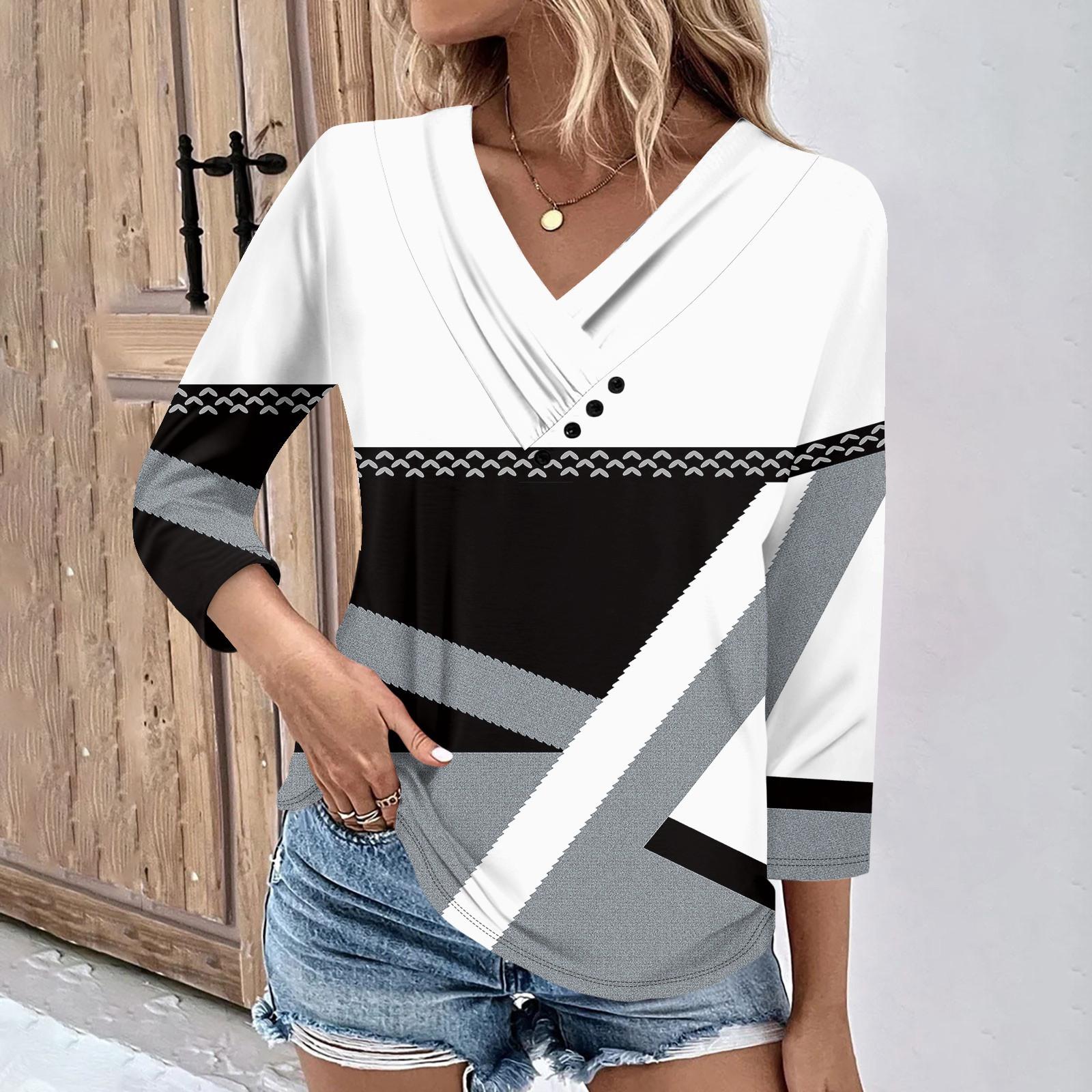 

Женские повседневные футболки с рукавом 3/4 для выходных с V-образным вырезом и принтом, свободные плиссированные футболки, женская блузка XL белый