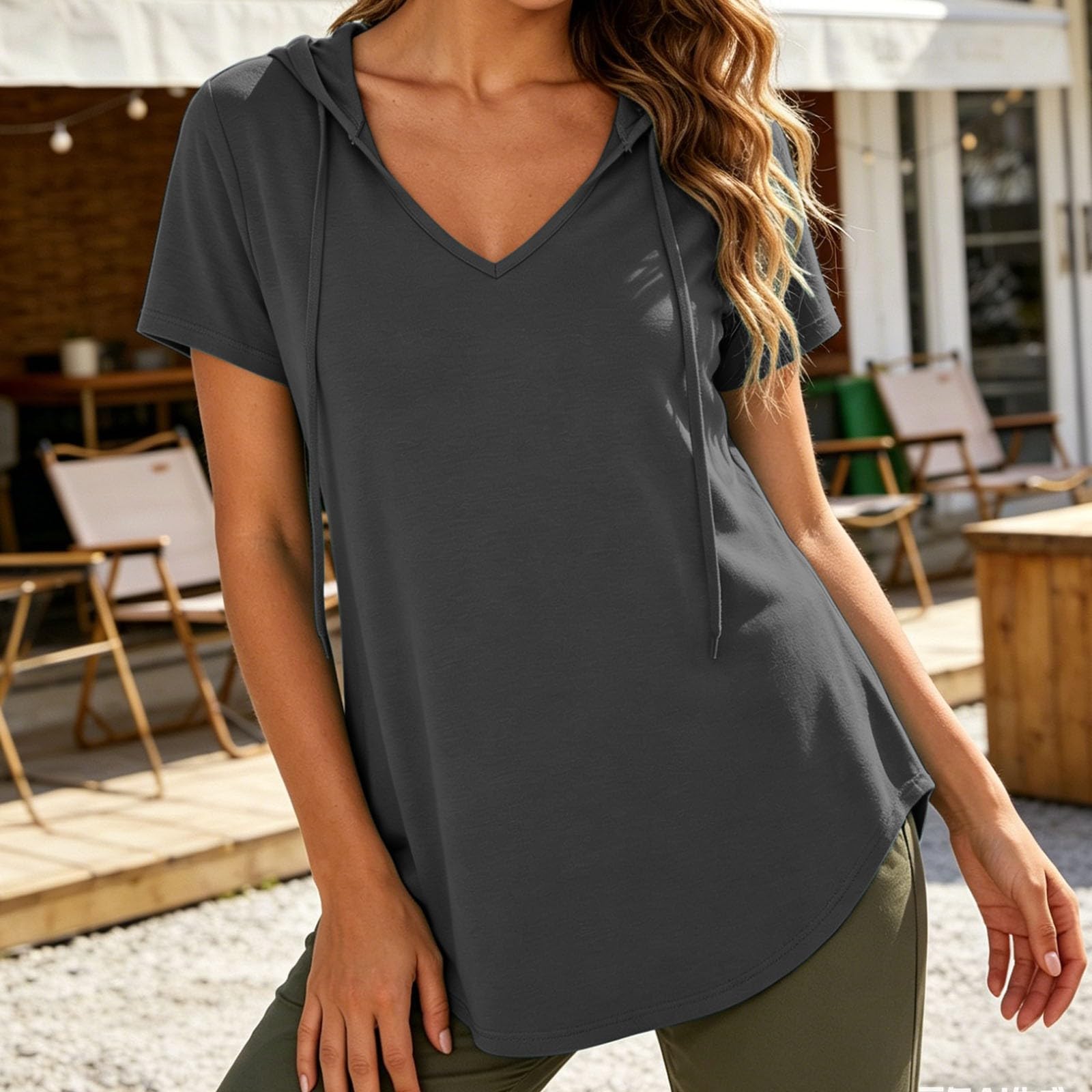 

Women’s Short Sleeve Hooded Pullover V Neck Loose Fit Casual Drawstring Shirt Lightweight Comfortable Top for Everyday Wear L чёрный