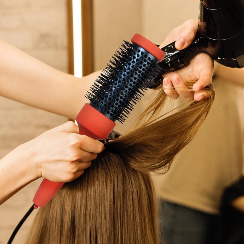 Thermal Protective Ceramic Barrels Hair Brush Natural Volumizing Curls Nylon Bristles Ergonomic Beechwood For Styling