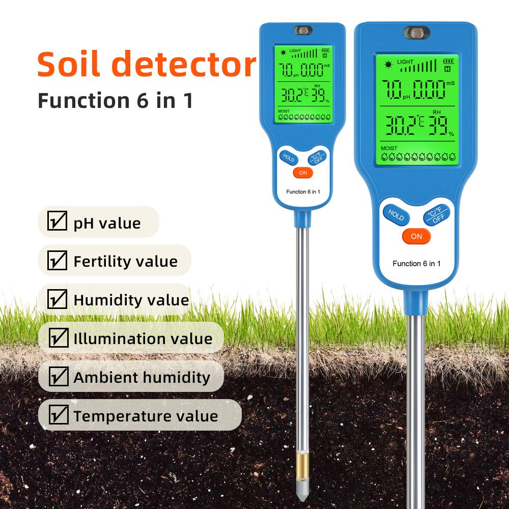 Yieryi 6 In 1 Soil PH Meter Moisture Temperature Light EC Fertility Tester Digital Garden Plant Soil Detector for Vegetable Farm