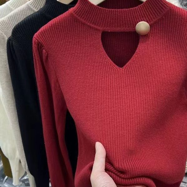 Spring and Autumn Women's Knitted Bottoming Shirt Hollow V-neck Long-sleeved Sweater Sexy Solid Color Bottoming Versatile Knitwear Inner Tops