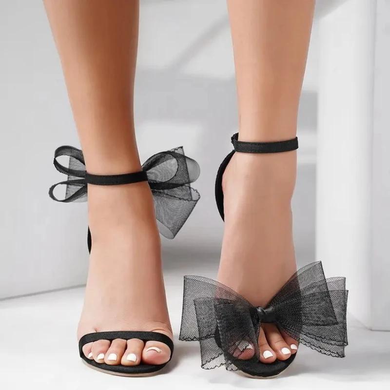 Mode Damen High Heels Sandalen Trend Mode Hochzeitsschuhe Braut Party Designer Große Größe Sandalen Damen Tüll Schleife Stilettoabsätze Damen
