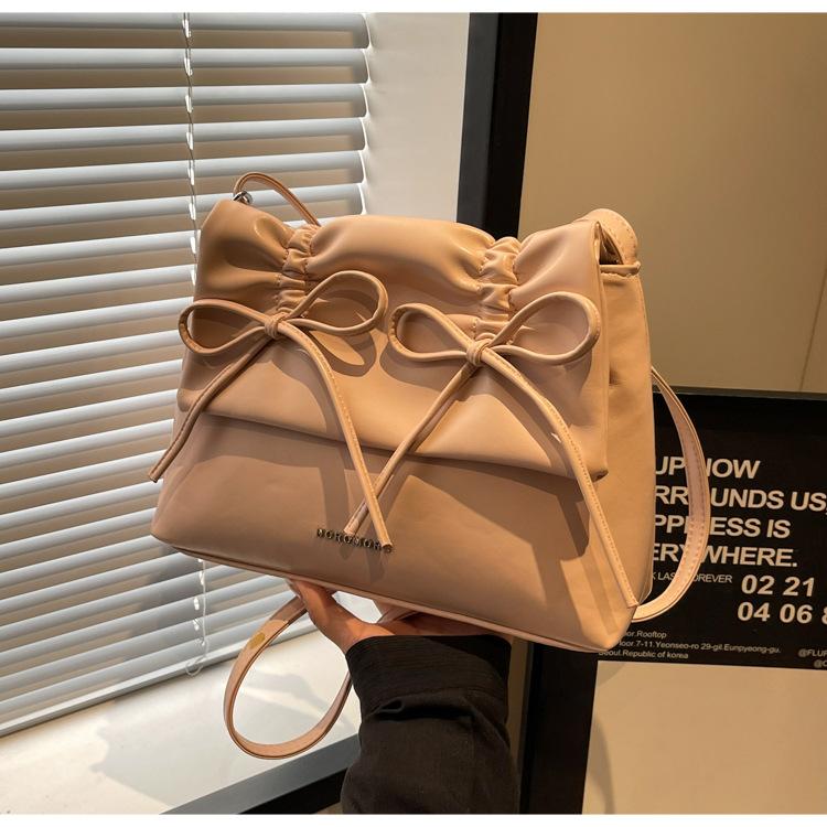 Women Bowknot Pu Shoulder Bag Large Capacity Bag With Adjustable Shoulder Strap Shopping Bag Stylish Fashion Solid Color Handbag