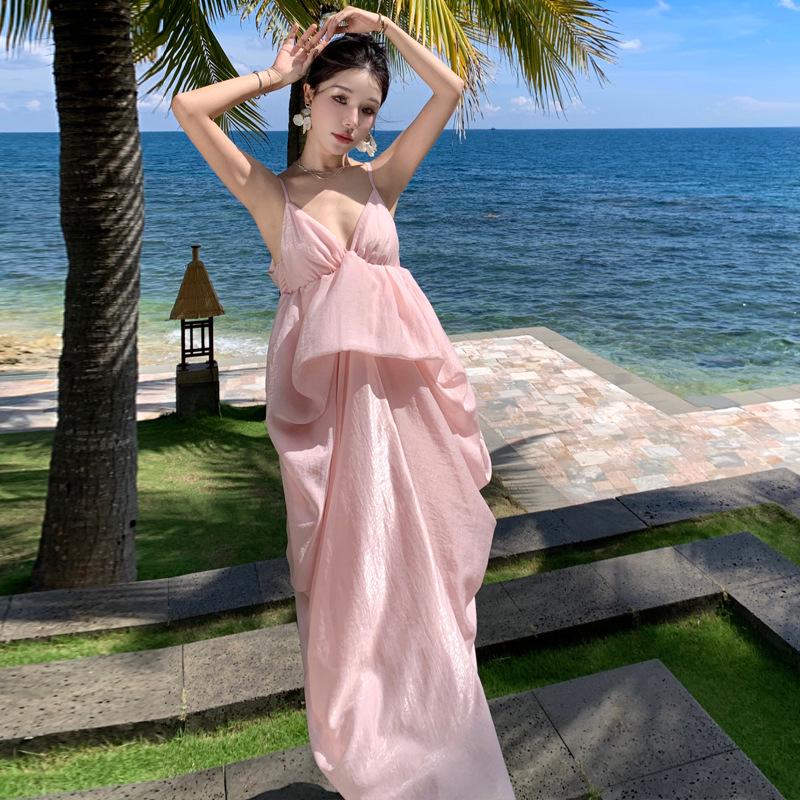 Pink French Backless Camisole Dress - Elegant Beach-Ready Evening Gown for Women