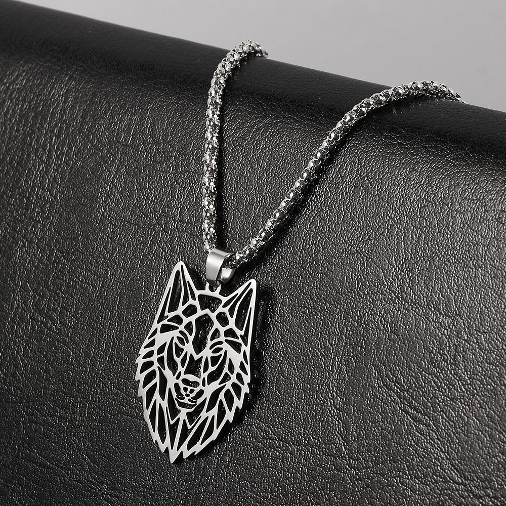 Hollow Wolf Head Pendant Necklace For Men Silver Stainless Steel Punk Long Chain Jewelry