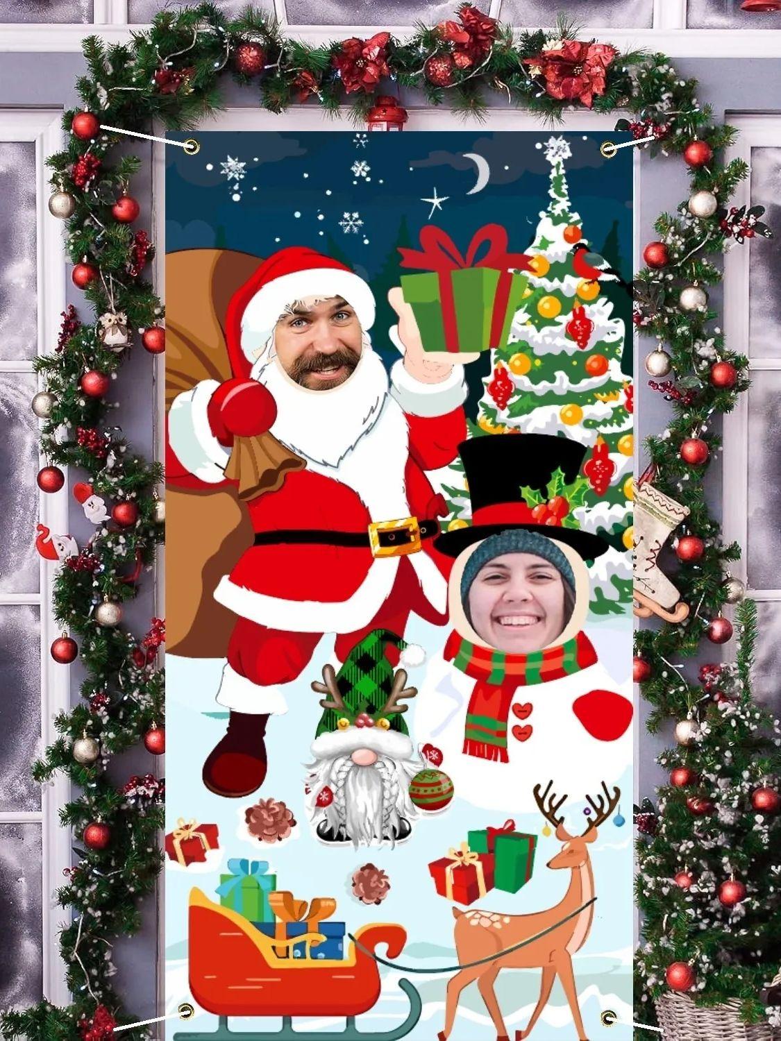 

Christmas Photo Prop Banner Photo Props Stand In Santa Snowman Face Cutout Banner Background Decor For Xmas Party Decorations