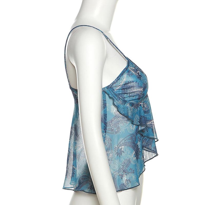 Netz durchsichtig bedruckte Weste Damen Sexy Lässig V-Ausschnitt Ärmellos Träger Camisole Patchwork Tanktop Streetwear