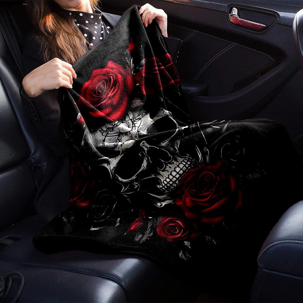 1pc Skull Roses Blanket Lightweight Flannel Throw for Sofa Bed Travel Camping Livingroom Office Couch Chair