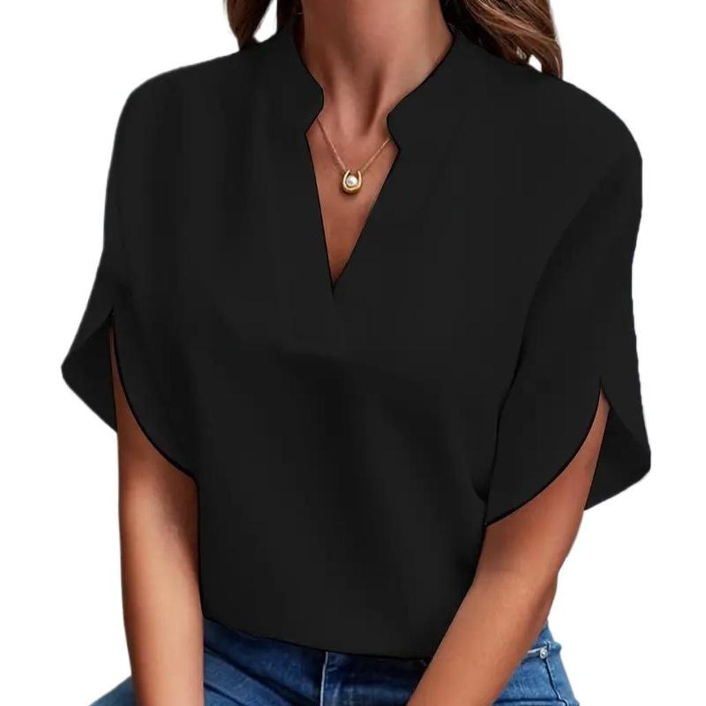 Women's Fashion Casual Summer Solid Color Print Short Sleeve V-Neck Blouses & Shirts EMA