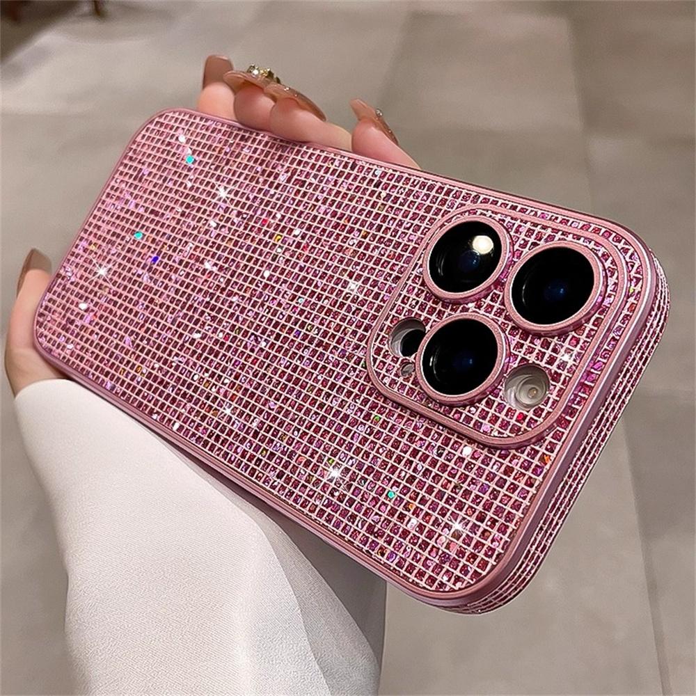 Full Screen Glitter Plaid Sequins Phone Case For iPhone 17 16 15 14 13 12 Pro Max Sparkling Lens Camera Protection Cover