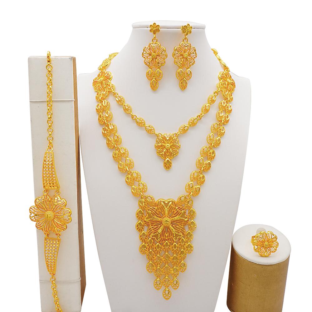 Set de bijuterii de culoare aurie din Dubai indian pentru femei Set de colier lung de mireasă, colier nigerian, bratara, cercei, seturi de inele