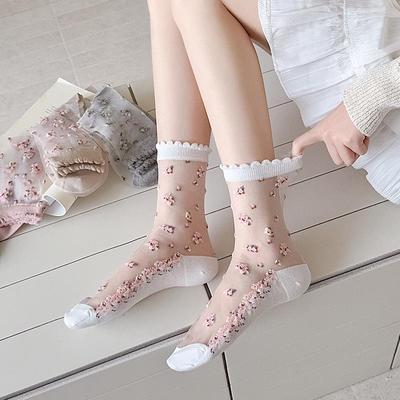 Spring/Summer Floral Lace Mid-Calf Socks - Women's Thin, Anti-Snag, Breathable, Transparent Cotton with Small Flower Design.
