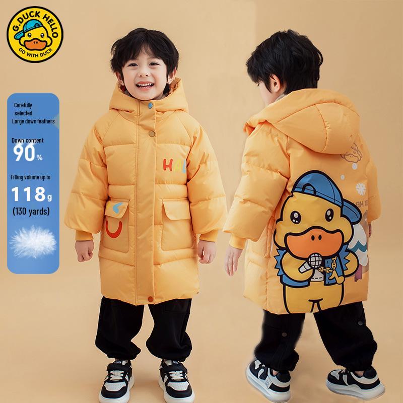 2025 Unisex Yellow Duck Down Jacket for Kids - Mid-Length, Thickened Winter Coat