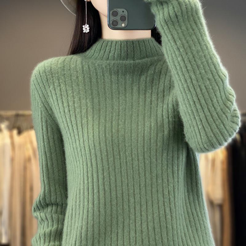 2024 Autumn/Winter Women's Pure Wool Half-High Collar Ribbed Sweater - Slim, Versatile, and Loose-Fitting Knit Top