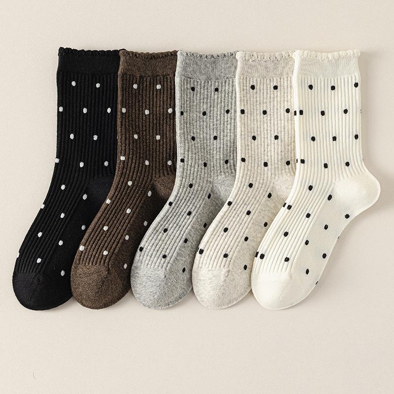 Polka Dot Socks Pure Cotton Medium Tube Socks Spring And Autumn Thin Versatile Cute Lace Polka Dot Stacking Socks Socks Industry