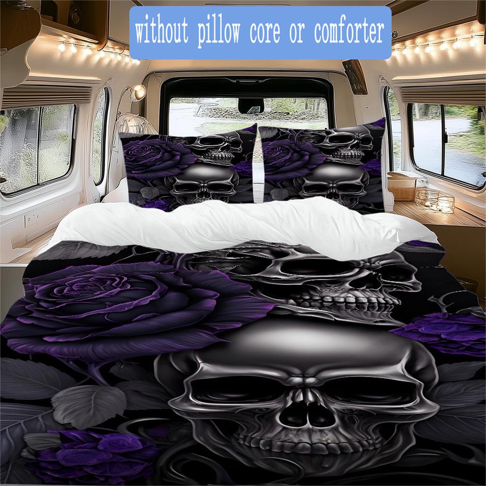 Purple skull and roses Pattern Bedding,Quilt Set Quilt Cover Pillowcase Home Birthday Gift (1*duvet cover+2*pillowcase,without core)SSJT0917587