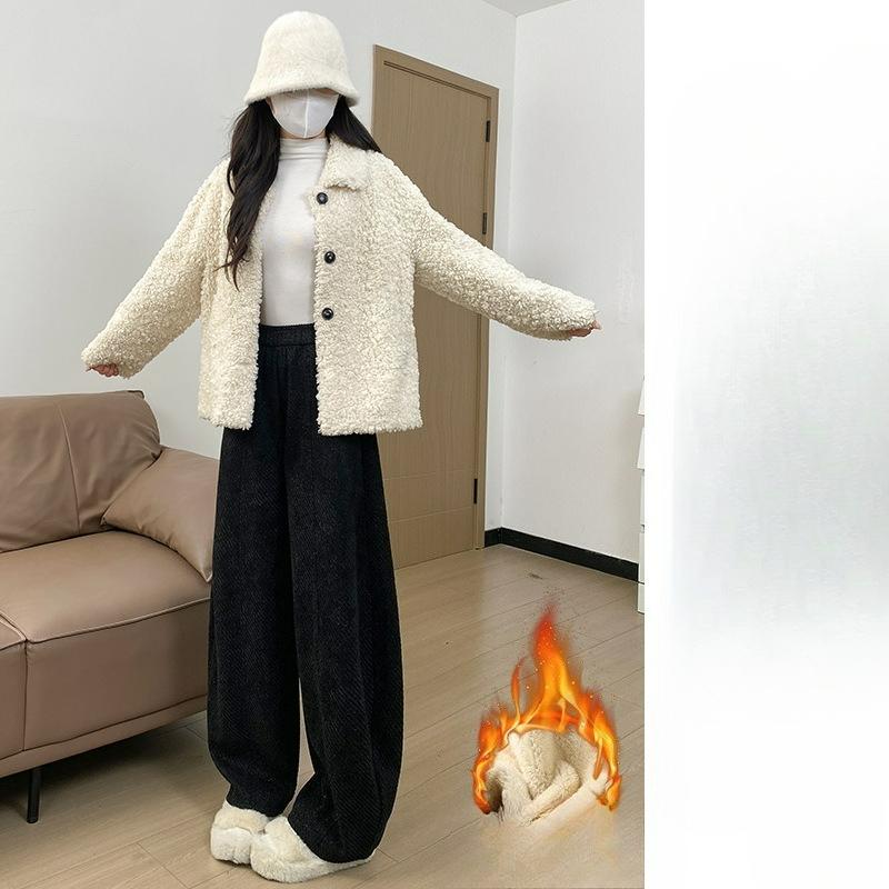

Autumn and Winter Plus Velvet Pants, Small Casual Bright Silk Woolen Wide-leg Pants S чорний