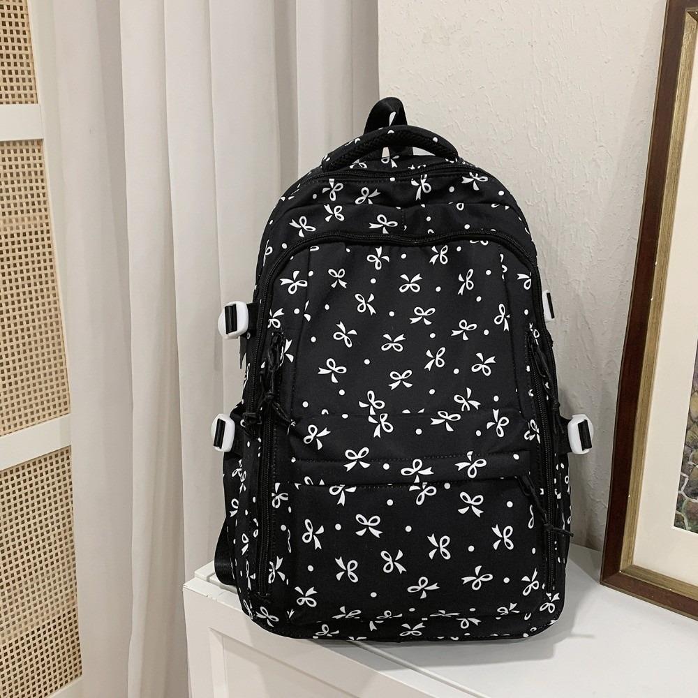 Multi-compartment Bow Pattern School Bag Multi-pocket Rucksack Floral Print Backpack Travel