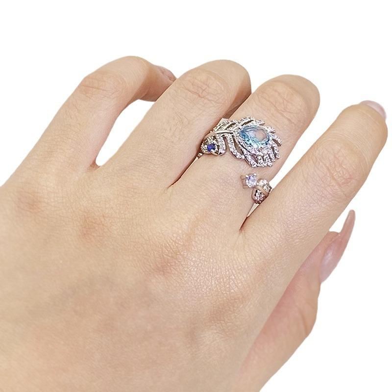 Blue Zircon Feather Ring Women'S Light Luxury Temperament Aquamarine Elegant Opening Adjustable Ring