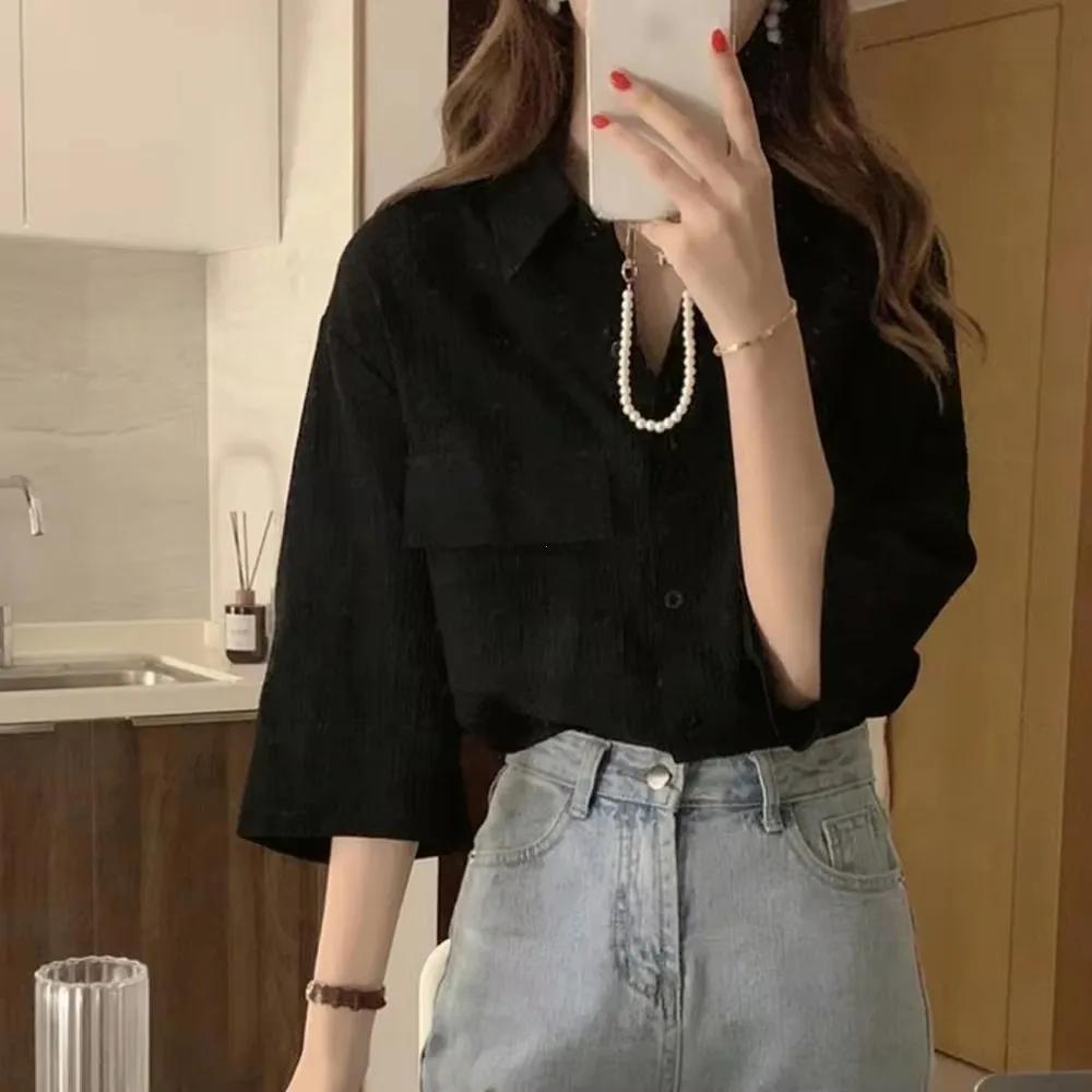 

Летняя ретро-блузка с одним карманом, однобортная, с круглым вырезом, кружевная одежда, дизайн, рубашки, топ XS чёрный