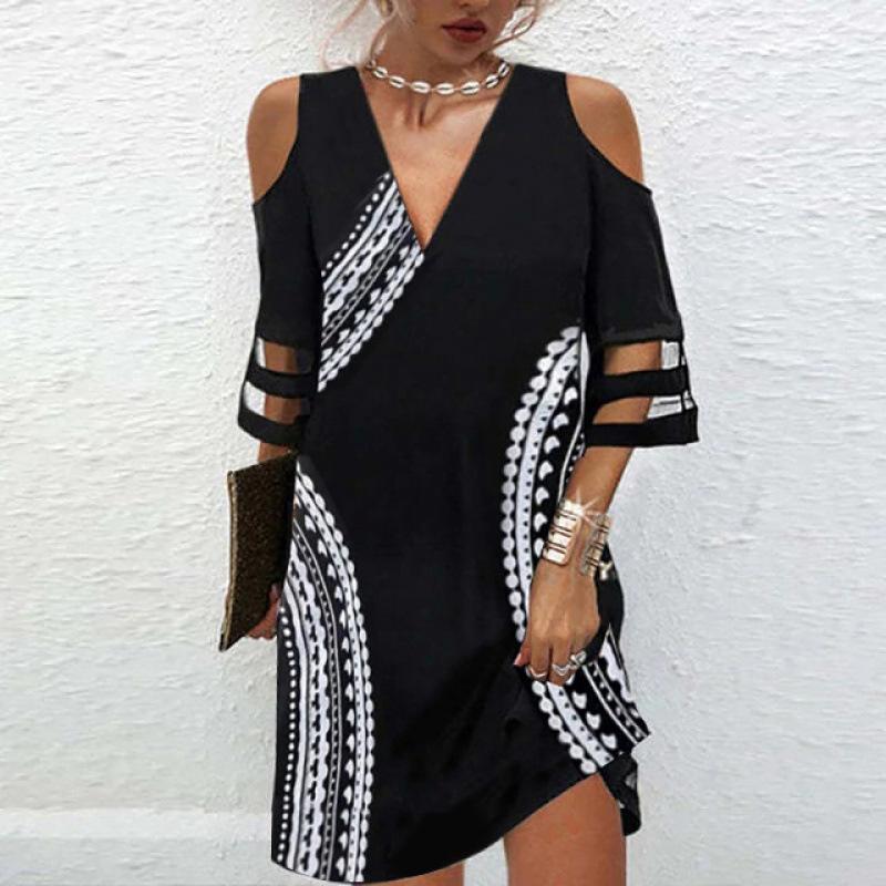 Women Off Shoulder V Neck 3/4 Sleeve Dress with Cut Out Detail Multi Pattern Midi Dress