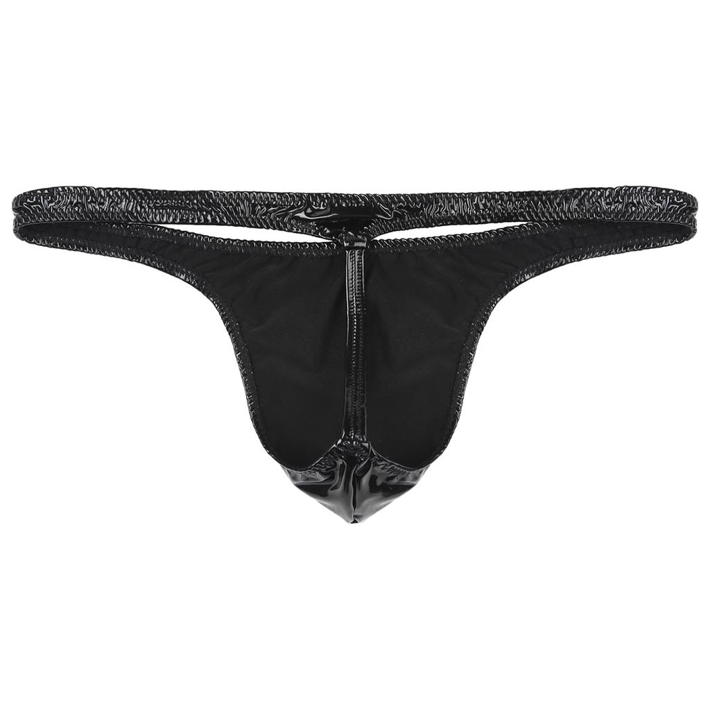 String pour homme en cuir verni noir aspect mouillé dos en T design fesses ouvertes taille basse sensuel clubwear