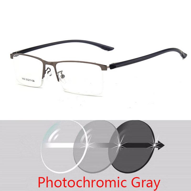 Semi-Rimless Business Metal Glasses Photochromic Lenses and Anti-UV Coating for Men Square Prescription 0 -0.5 -0.75 To -6