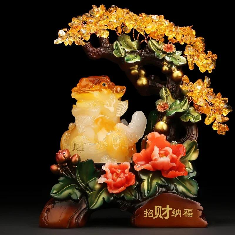 Lucky Golden Toad, Pixiu, Pi Yao, Money Tree Resin Statue, Crafts Ornaments, Gift for Home, Office, Desktop Decor