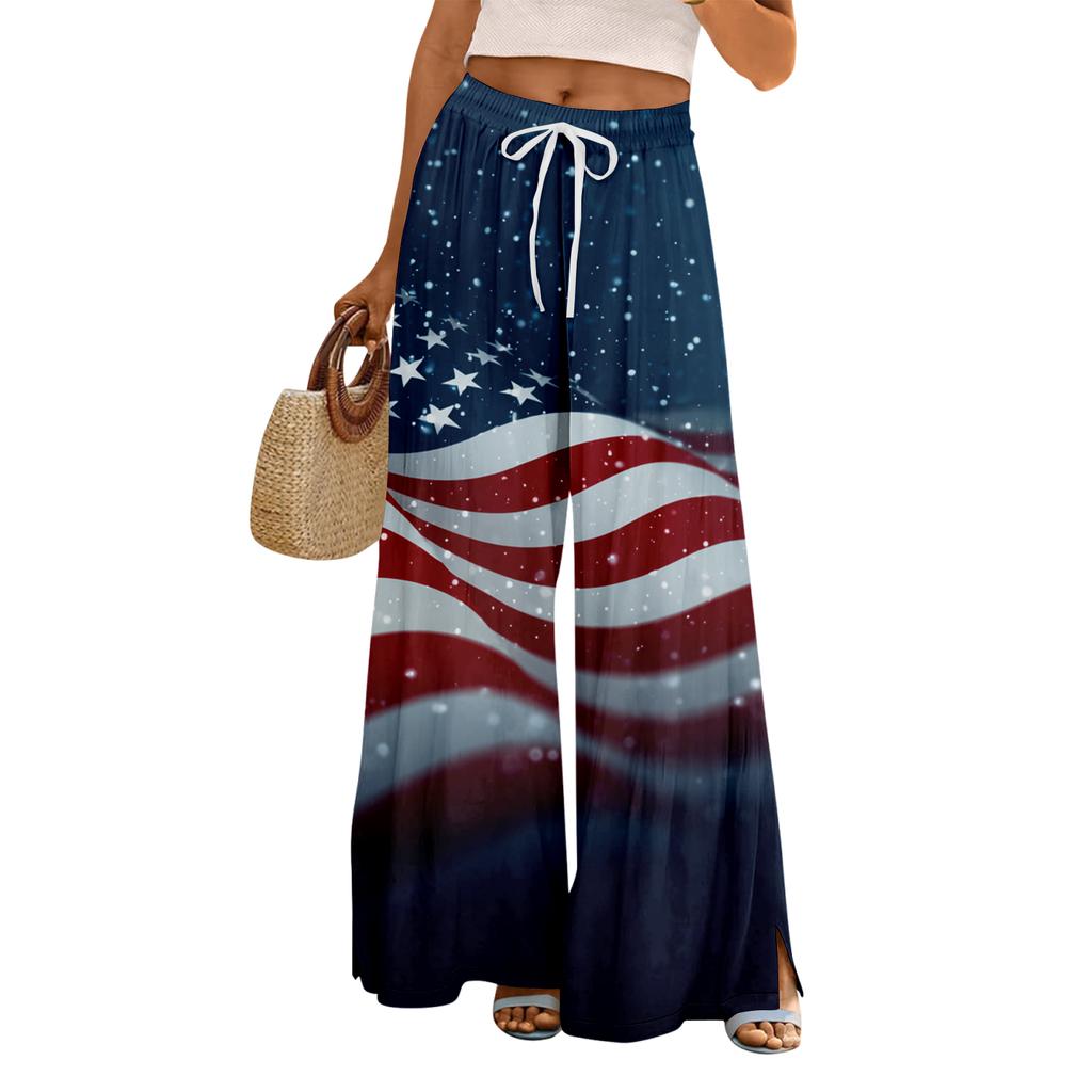 Women Summer Boho Palazzo Pants High Waist Wide Leg Floral Printing Casual Trousers With Pockets
