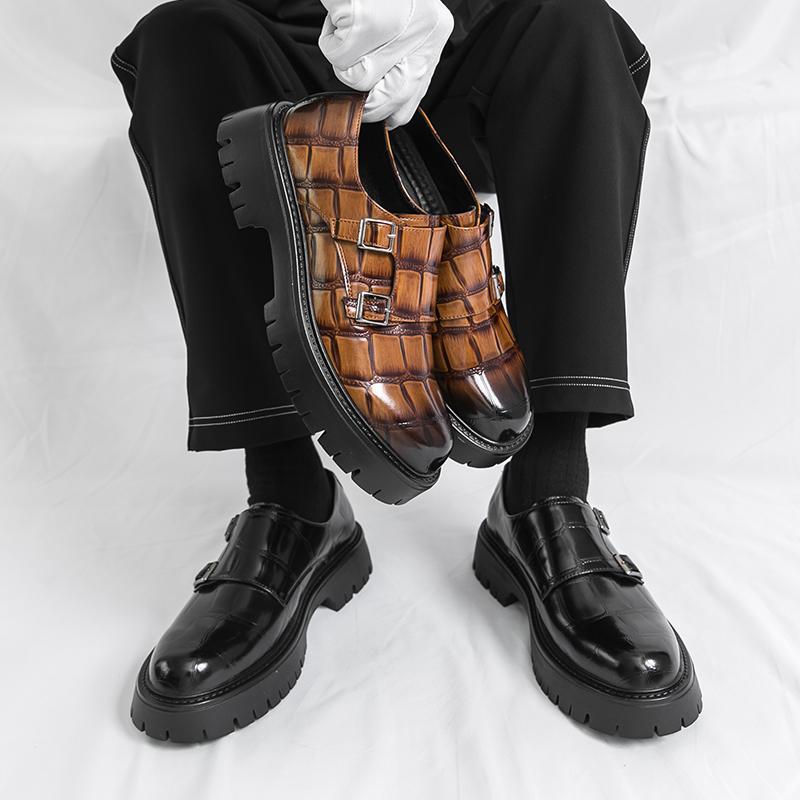 Retro Herren Höhenvergrößernde Slipper Schwarz-braun Lässig Dicksohlig Rutschfest Modisch Zum Knöpfen Lederschuhe Gesellschaftsschuhe Herren