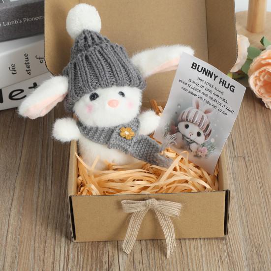 Mini-Häschen-Umarmung, Ostergeschenk, Plüsch-Kaninchenpuppe mit Strickmütze und Bommeltasche, emotionales Unterstützungstier mit Geschenkbox, inspirierende Karte